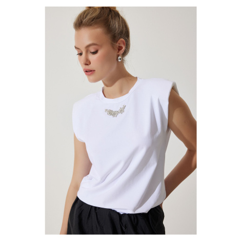 Happiness İstanbul Women's White Collar Shiny Jewelled Padded Cotton Knitted T-Shirt