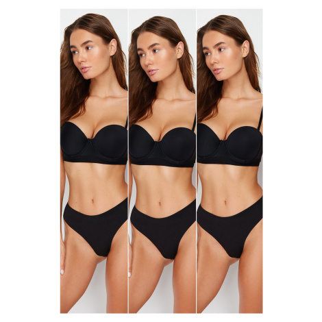 Trendyol Premium Black 3-Pack Waist Adhesive Detail Non-Trace Laser Cut Thong Knitted Briefs