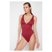 Trendyol Burgundy V Neck Textured Regular Swimsuit