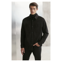 GRIMELANGE Outside Men's Woven Thick Textured Washed Black Shirt with Pocke