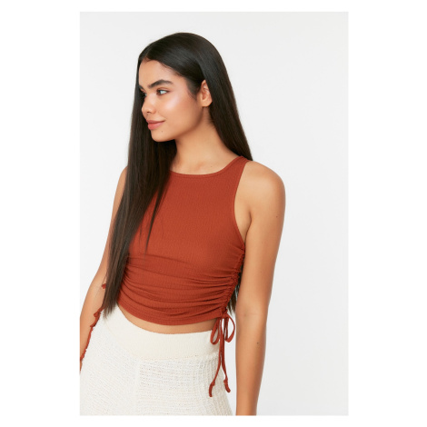 Trendyol Tile Gathered Detail Crepe Fabric Crop Knitted Blouse