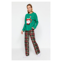 Trendyol Green 100% Cotton Christmas Theme Tshirt-Pants and Knitted Pajamas Set