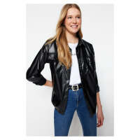 Trendyol Black Casual Fit Faux Leather Shirt With Pocket