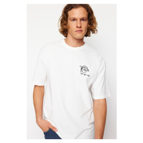 Trendyol Ecru Oversize/Wide Cut Headlight East Printed Short Sleeve 100% Cotton T-Shirt