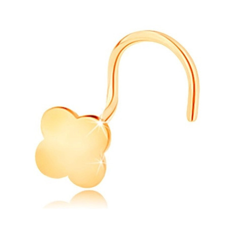 Zahnutý piercing do nosu ve žlutém 14K zlatě - malý čtyřlístek pro štěstí Šperky eshop