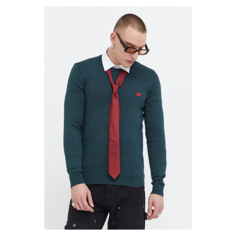 Bavlněný svetr HUGO zelená barva, lehký, 50475083 Hugo Boss