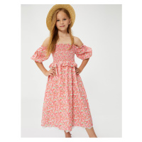 Koton Floral Off Shoulder Dress With Balloon Sleeves Gippe Detailed Frilly