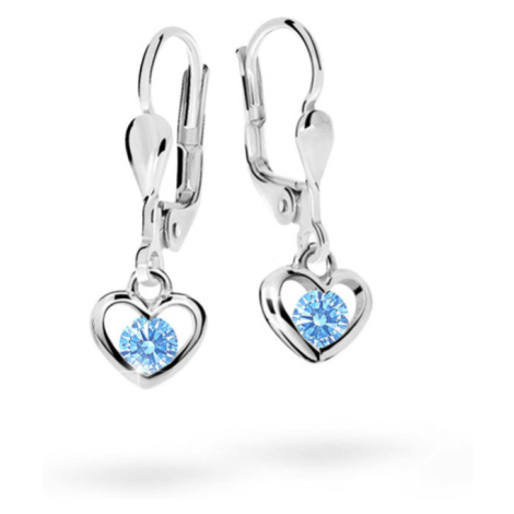 Dětské visací náušnice Danfil srdíčka C1943 z bílého zlata s kamínky Arctic Blue, zapínání klapk