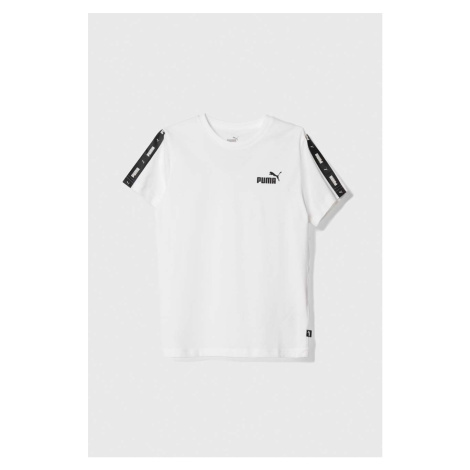 Dětské bavlněné tričko Puma Ess Tape Tee B bílá barva, s potiskem