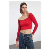 Trendyol Red Fitted Super Crop Carmen Collar Ribbed Stretch Knitted Blouse