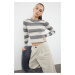 Trendyol Anthracite Crop Cotton Color Block Knit Sweater