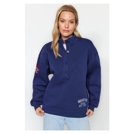 Trendyol Navy Blue Thick Fleece Inside Embroidery and Button Detail Stand-Up Collar Oversized Kn