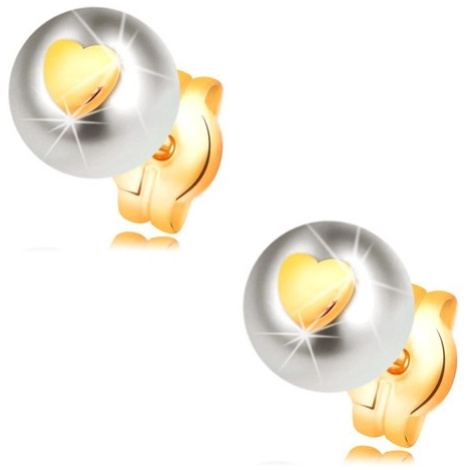 Zlaté náušnice 585 - bílá perla s lesklým souměrným srdíčkem Šperky eshop