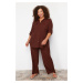 Trendyol Curve Brown Textured Button-Woven Shirt-Trousers Plus Size Bottom-Top Set