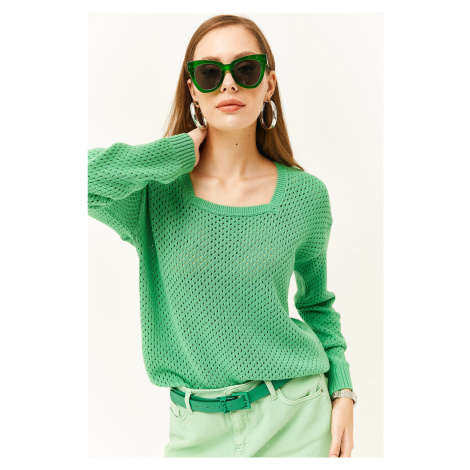 Olalook Dámský zelený čtvercový výstřih prolamovaný pletený svetr