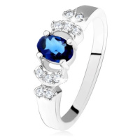 Lesklý prsten - stříbro 925, tmavě modrý oválný zirkon, čiré kamínky