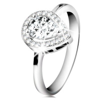 Rhodiovaný prsten, stříbro 925, čirá zirkonová slza v zářivé kontuře