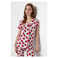 Trendyol White Piping Detailed Strawberry Patterned Knitted Pajama Set