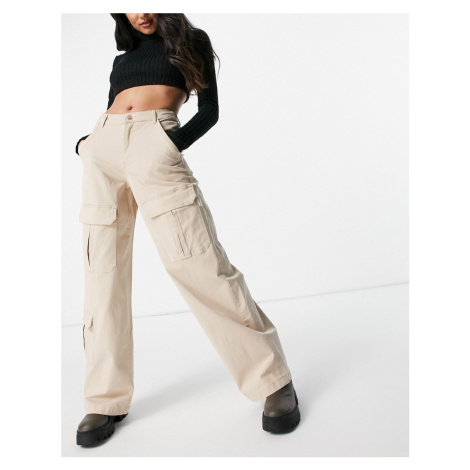 Bershka organic cotton wide leg cargo trouser in beige-Brown | Modio.cz