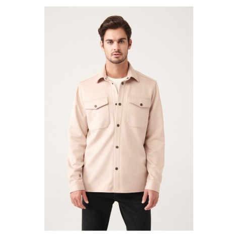 Avva Men's Beige Classic Collar Suede Textured Pockets Standard Fit Shirt