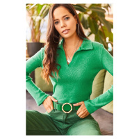 Olalook Women's Grass Green Polo Neck Raised Camisole Blouse