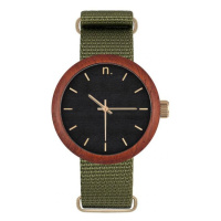 Dřevěné dámské hodinky zeleno-černé barvy s textilním řemínkem