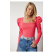 Happiness İstanbul Women's Pink Square Neck Ribbed Knitwear Blouse