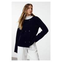 Trendyol Navy Blue Furry Coat-Looking Knitwear Cardigan