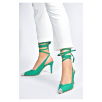 Fox Shoes Green Satin Fabric Pointed Toe Stone Detailed Heeled Shoes