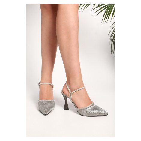 Shoeberry Women's Avril Platinum Glittery Stone Heeled Shoes