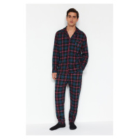 Trendyol Navy Blue Regular Fit Plaid Knitted Pajamas Set