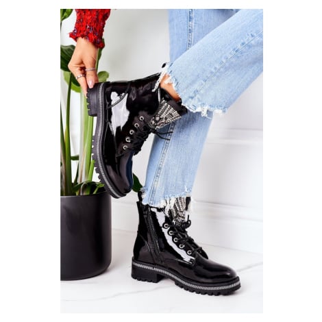 Insulated Boots With Cubic Zirconia Patent Black Attention Kesi