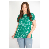 Şans Women's Green Plus Size Front Patterned Low Sleeve Blouse