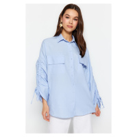 Trendyol Light Blue Blue Shirt with Adjustable Drawstring Detail Woven Cotton Shirt