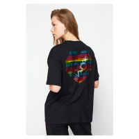 Trendyol Black 100% Cotton Shiny Printed Oversize/Casual Fit Knitted T-Shirt