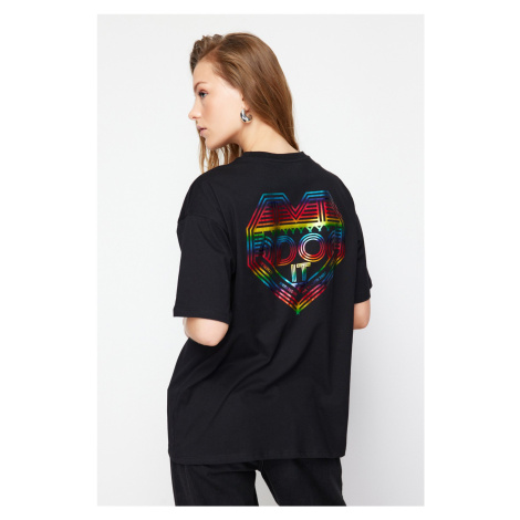 Trendyol Black 100% Cotton Shiny Printed Oversize/Casual Fit Knitted T-Shirt