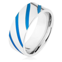 Ocelový prsten stříbrné barvy, diagonální pásy, modrá glazura