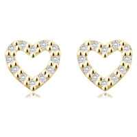 Diamantové náušnice ze žlutého 14K zlata - obrys srdce, čiré brilianty, puzetky