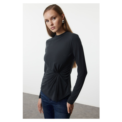 Trendyol Anthracite 100% Modal Content Gathering Detailed Crew Neck Asymmetrical Knitted Blouse