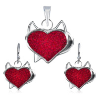 Stříbrný set 925 přívěsku a náušnic - červené zirkonové srdce, čertík