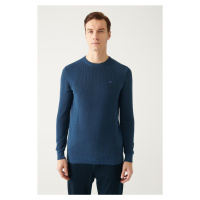 Avva Men's Indigo Crew Neck Jacquard Slim Fit Slim Fit Knitwear Sweater