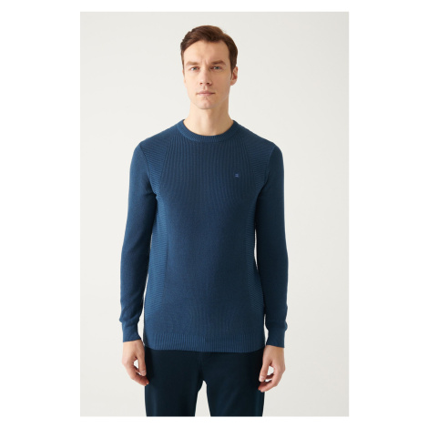 Avva Men's Indigo Crew Neck Jacquard Slim Fit Slim Fit Knitwear Sweater