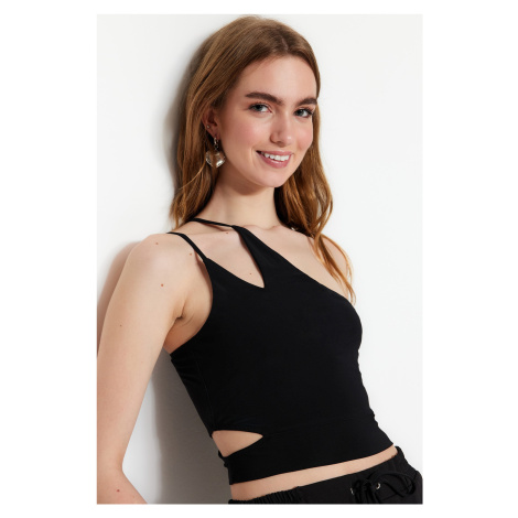 Trendyol Black One Shoulder Cut Out Detailed Fitted Crop Stretchy Knitted Blouse