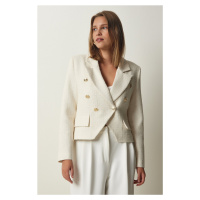 Happiness İstanbul Women's Ecru Asymmetric Detail Crop Tweed Jacket