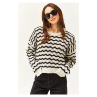 Olalook Women's Ecru Black Wave Striped Openwork Seasonal Knitwear Blouse