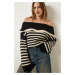 Happiness İstanbul Women's Black Madonna Collar Striped Knitwear Sweater