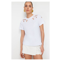 Trendyol White Brode Embroidered Basic/Regular Fit Knitted T-Shirt