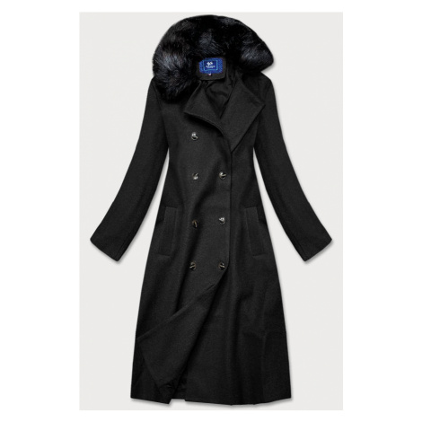 Dlouhý černý kabát s kožešinovým límcem (20201202) Ann Gissy