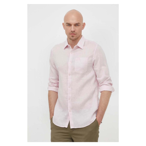 Lněná košile Guess růžová barva, regular, s klasickým límcem