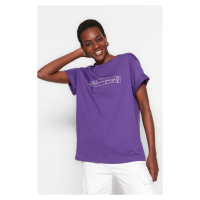 Trendyol Purple 100% Cotton Printed Boyfriend Crew Neck Knitted T-Shirt